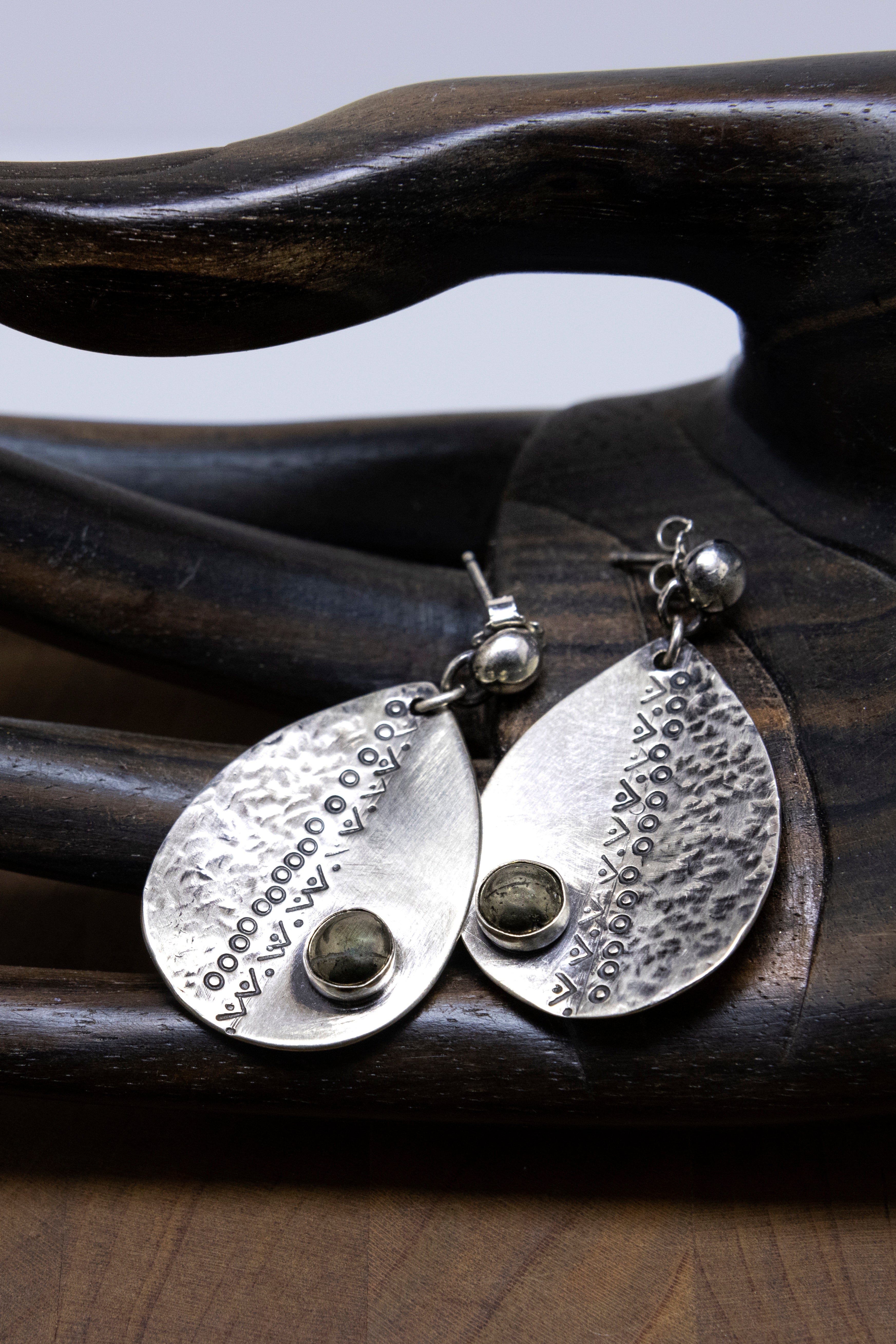 Amy Lynn Jewelry - Hand Textured Sterling Silver Teardrop Earring with Pyrite 
